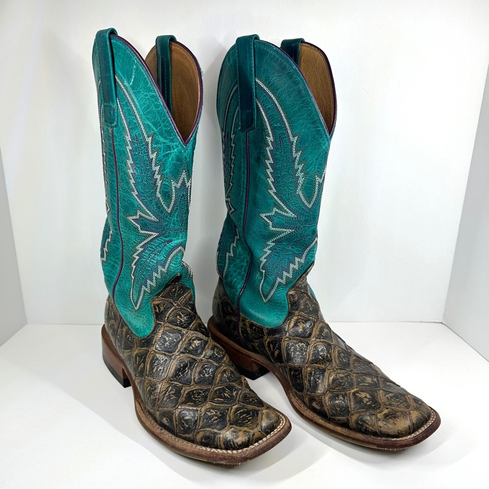Macie Bean Womens M9120 Turquoise Brown Fish Scale Square Toe Cowboy Boots 7 M